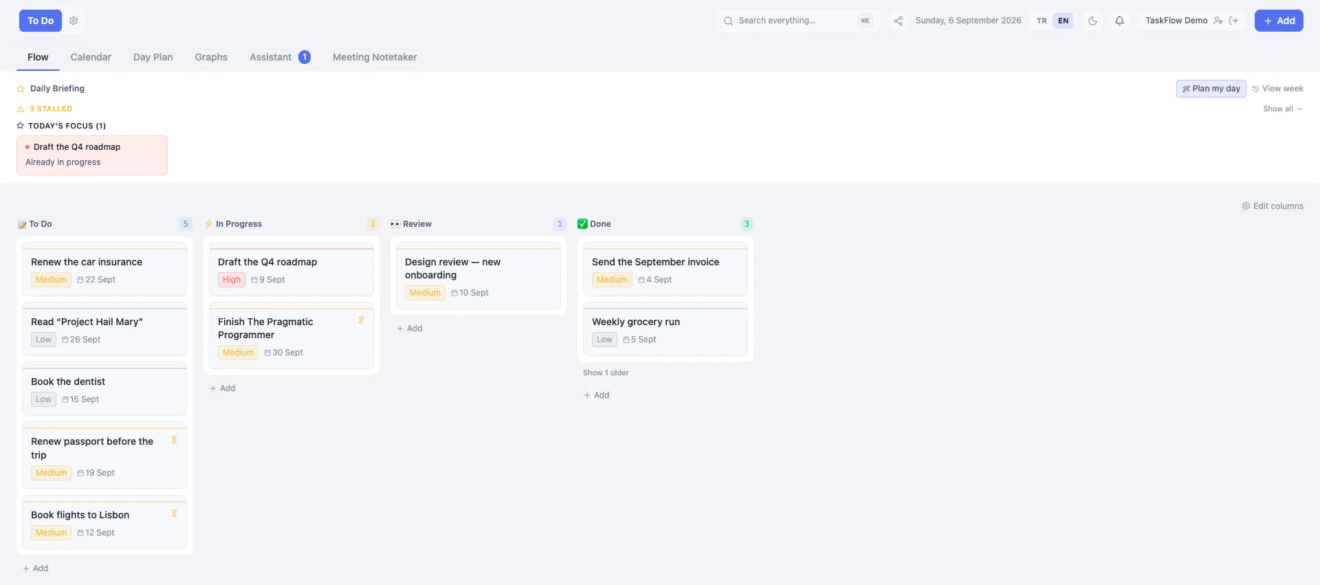 TaskFlow flow view with To Do, In Progress, Review and Done columns