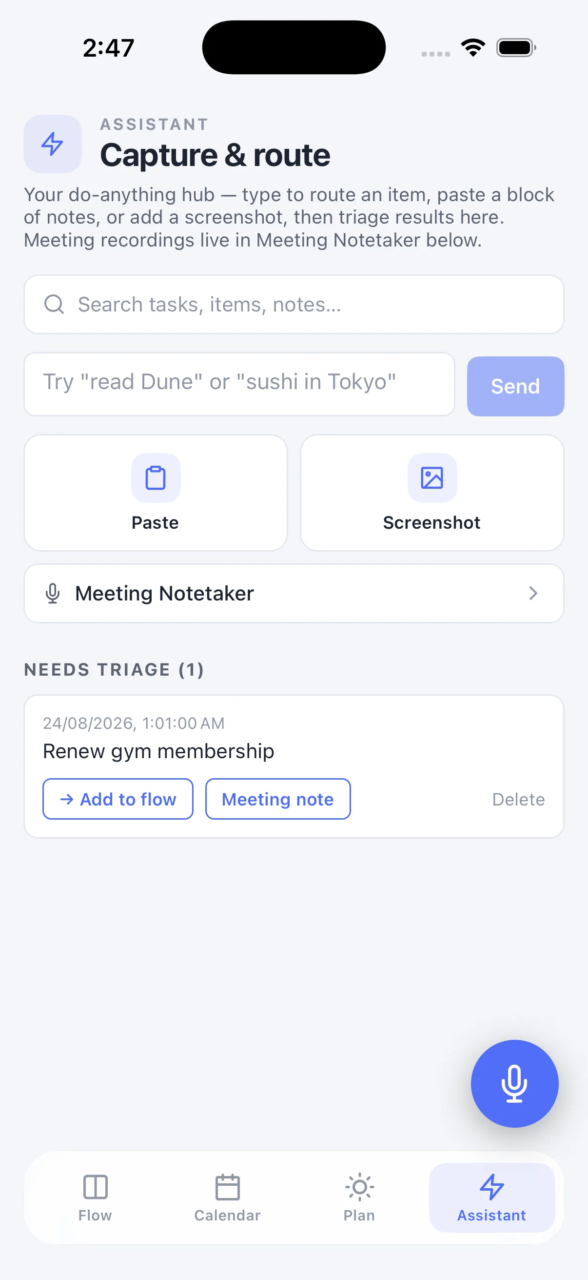 TaskFlow Assistant on an iPhone with Paste, Screenshot and Meeting Notetaker options