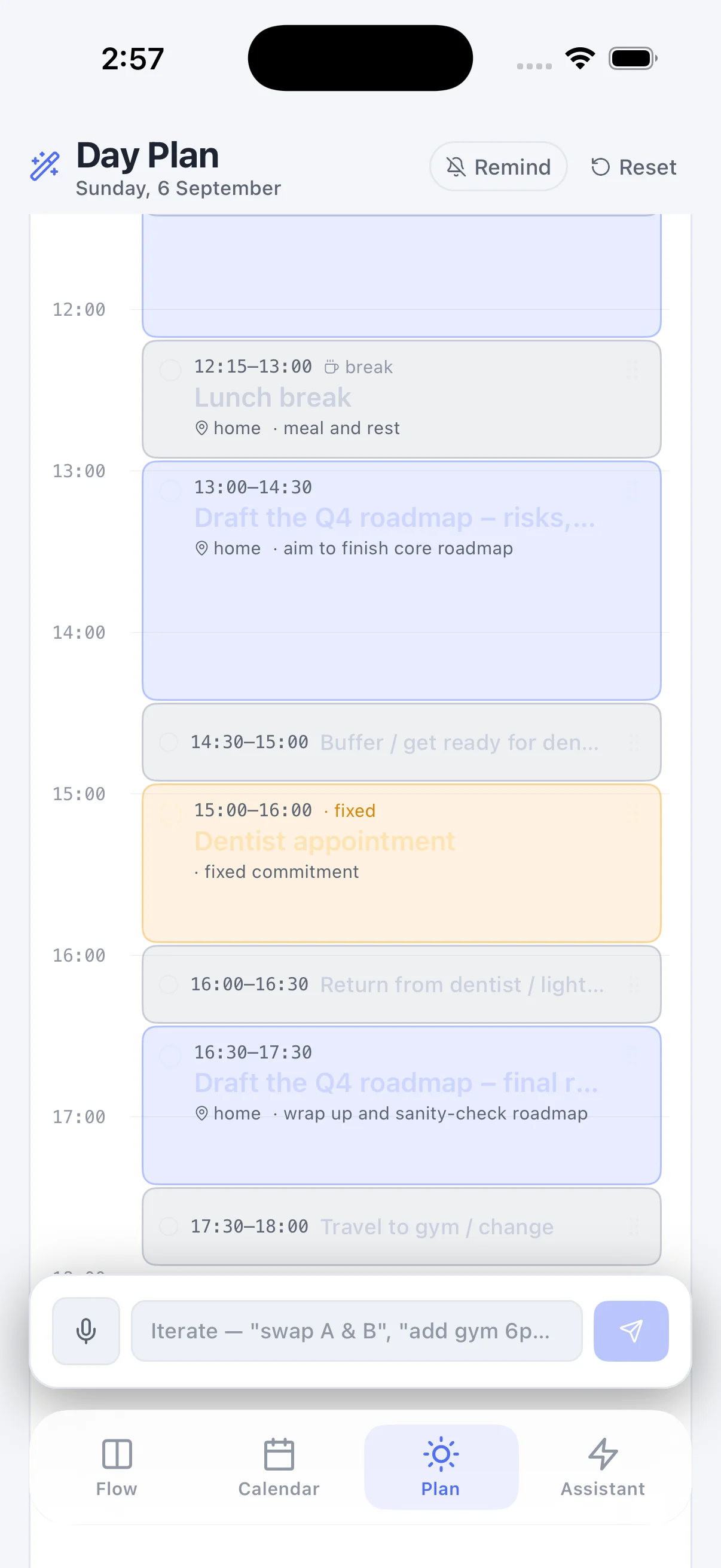 TaskFlow Day Plan on an iPhone: an hour-by-hour timeline with deep-work blocks, buffers and a fixed dentist appointment
