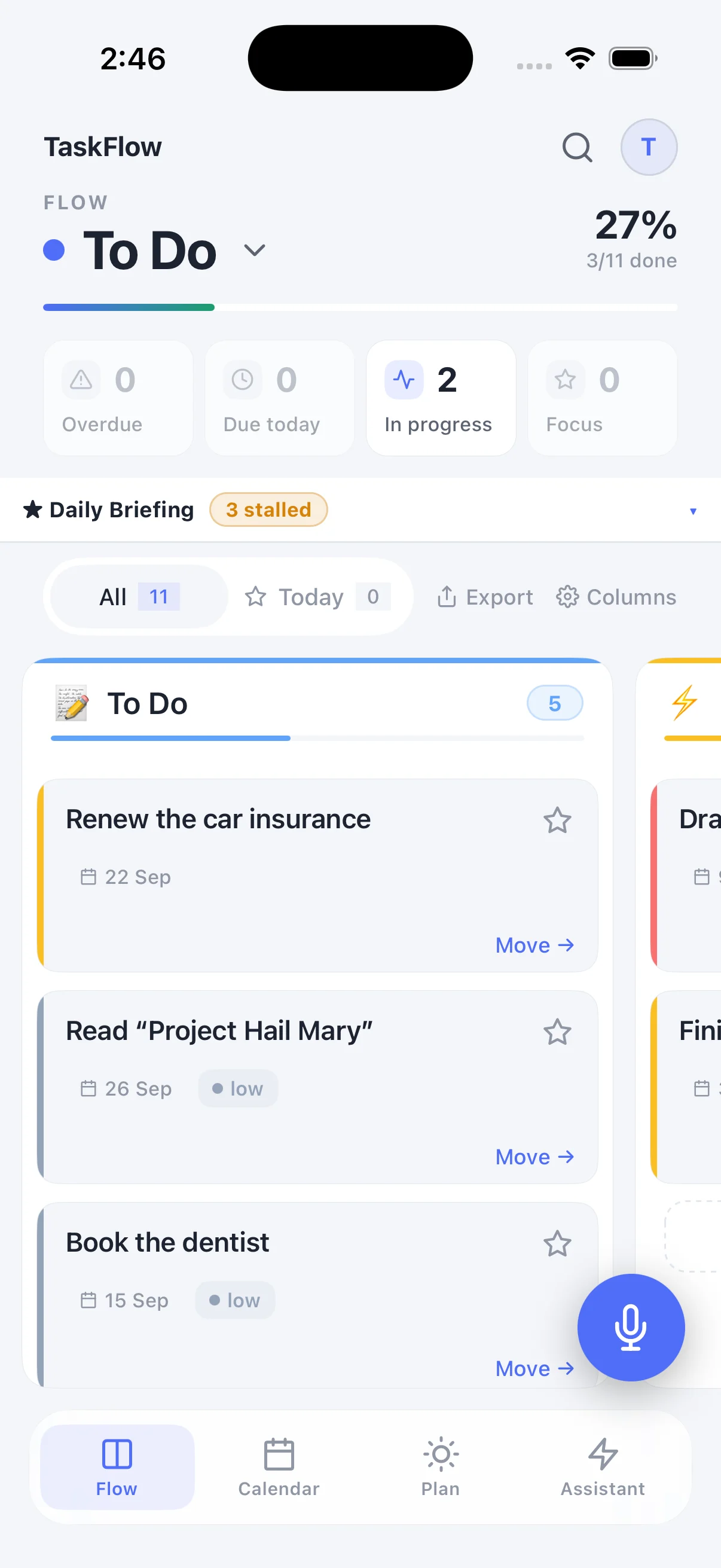 TaskFlow on an iPhone showing the To Do flow with task cards and a Daily Briefing strip